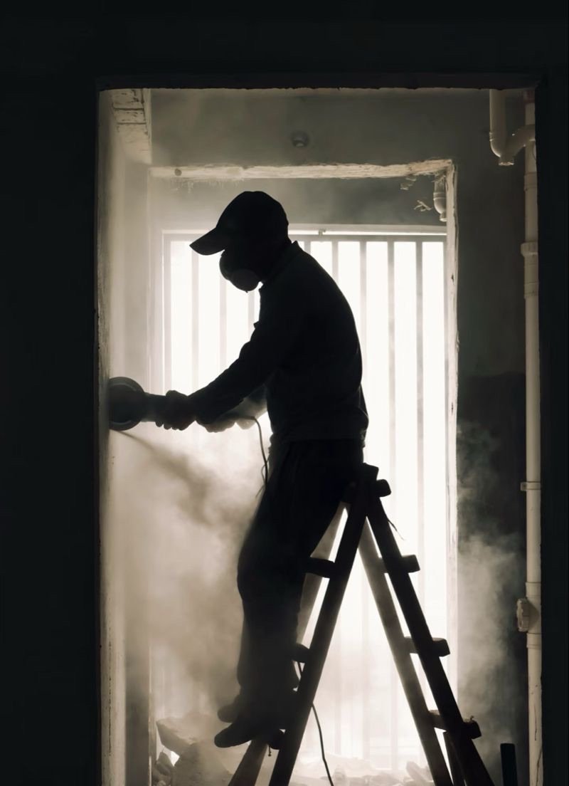 Entheon house painter in Astoria sanding a wall on a ladder