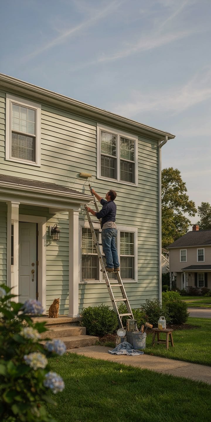Painter on a ladder rolling paint on house siding